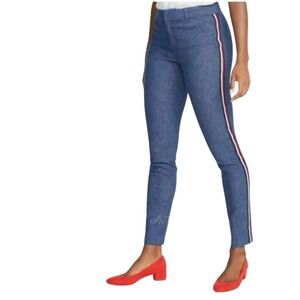 Old Navy Pixie Ankle Pants Blue Chambray Red White Side Stripe Women 14 Slim Fit